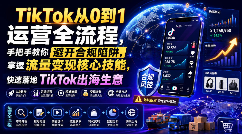 TikTok从0到1运营全流程，手把手教你避开合规陷阱，掌握流量变现核心技能，快速落地TikTok出海生意（更新7月）-985网创
