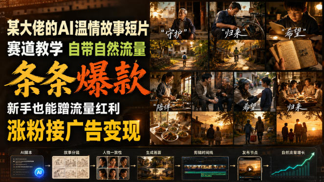 某大佬的AI温情故事短片赛道教学，自带自然流量，条条爆款，新手也能蹭流量红利，涨粉接广告变现-985网创