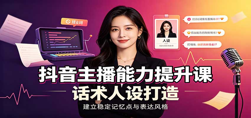抖音主播能力提升课：账号底层逻辑，直播间搭建调试，话术人设打造全套教学-985网创