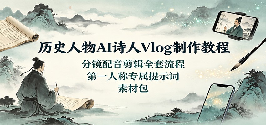 历史人物AI诗人Vlog制作教程：分镜配音剪辑全套流程，第一人称专属提示词素材包-985网创