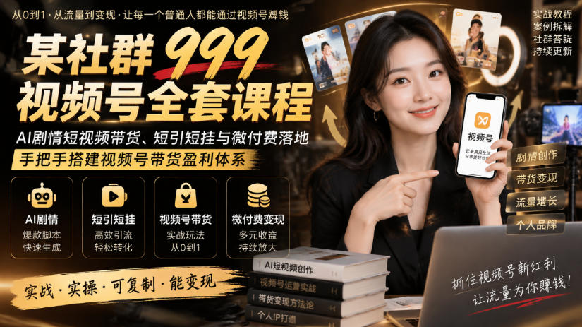 某社群999视频号全套课程，AI剧情短视频带货、短引短挂与微付费落地，手把手搭建视频号带货盈利体系-985网创