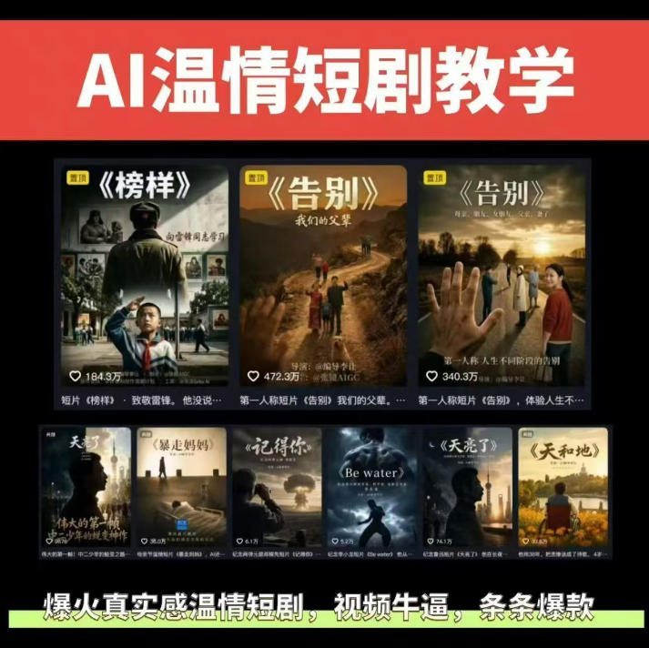 抖音58W粉丝博主的AI温情短剧玩法，条条爆款，伙伴计划+精选独家收益，商单收徒等（更新6月）-985网创