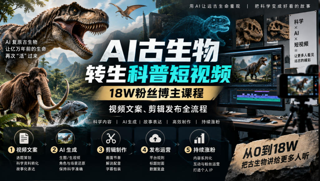 AI古生物转生科普短视频，18W粉丝博主课程，视频文案、剪辑发布全流程-985网创
