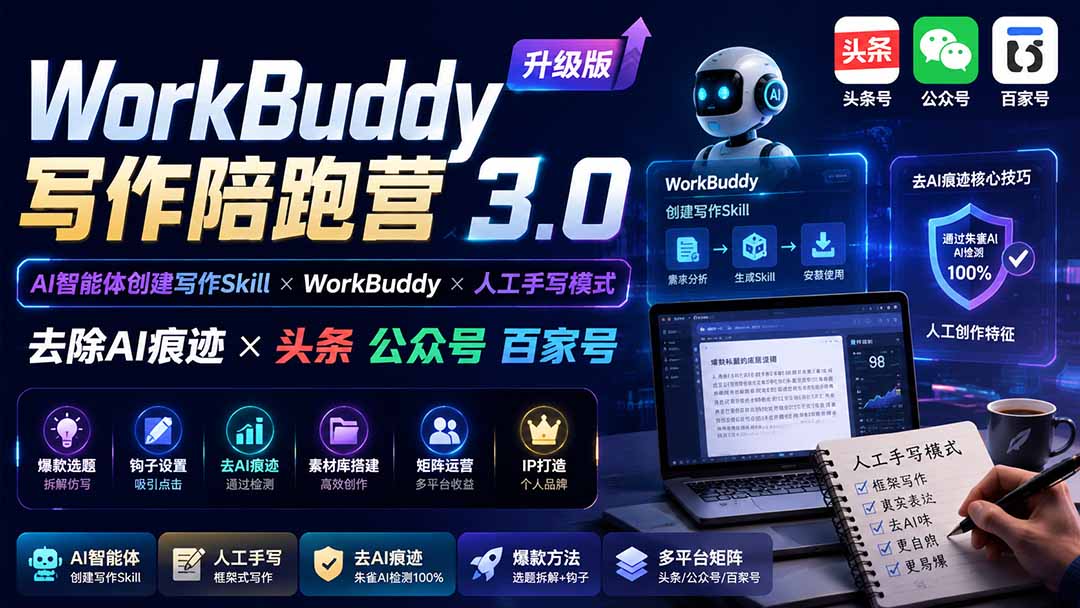 WorkBuddy写作陪跑营3.0-更新：Ai智能体创建写作Skill×WorkBuddy×人工手写模式×去除AI痕迹×头条公众号百家号-985网创