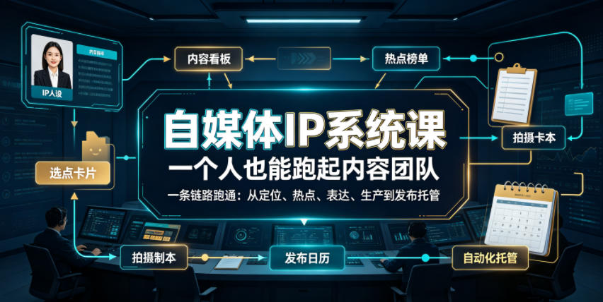 自媒体IP系统课，一个人也能跑起内容团队，一条链路跑通，从定位、热点、表达、生产到发布托管-985网创