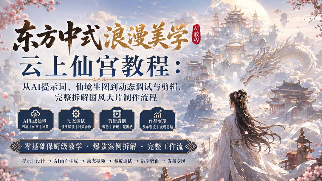 东方中式浪漫美学云上仙宫教程：从AI提示词、仙境生图到动态调试与剪辑，完整拆解国风大片制作流程-985网创