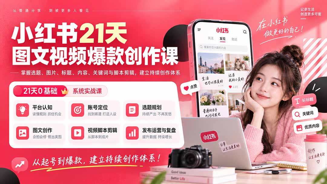 小红书21天图文视频爆款创作课：掌握选题、图片、标题、内容、关键词与脚本剪辑，建立持续创作体系-985网创