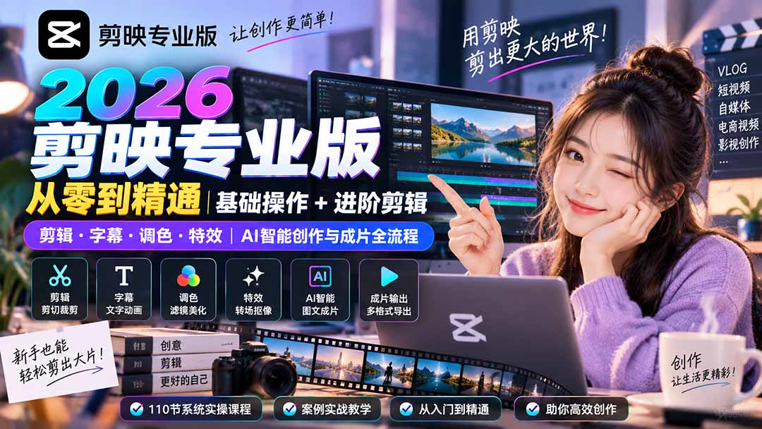 2026剪映专业版从零到精通｜基础操作+进阶剪辑｜剪辑·字幕·调色·特效｜AI智能创作与成片全流程-985网创