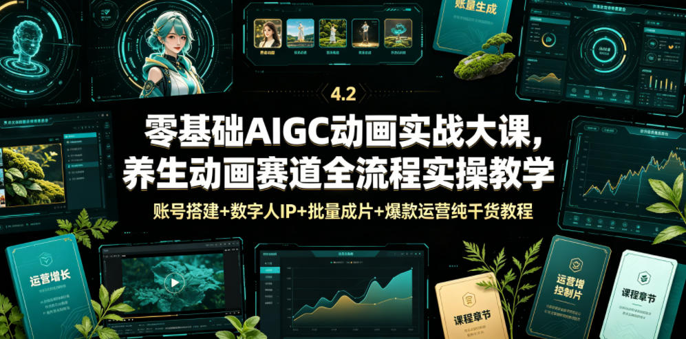 零基础AIGC动画实战大课，养生动画赛道全流程实操教学，账号搭建+数字人IP+批量成片+爆款运营纯干货教程-985网创