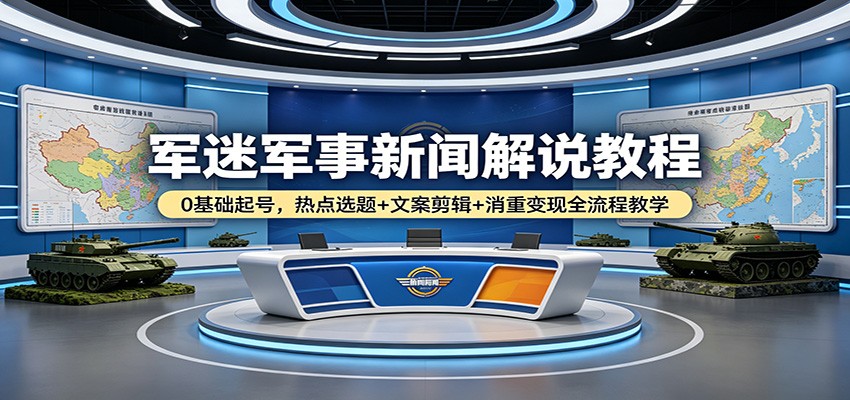 军迷军事新闻解说教程：0基础起号，热点选题+文案剪辑+消重变现全流程教学-985网创