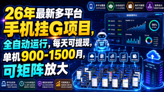 26年最新多平台手机挂G项目，全自动运行，每天可提现，单机900-1500月，可矩阵放大【揭秘】-985网创