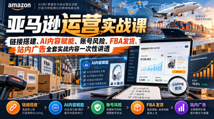 亚马逊运营实战课，链接搭建、AI内容赋能、账号风险、FBA发货、站内广告全套实战内容一次性讲透-985网创
