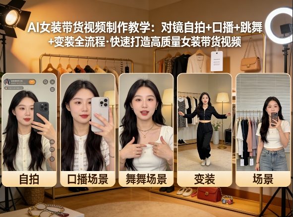 AI女装带货视频制作教学，对镜自拍、口播、跳舞、变装全流程，快速打造高质量女装带货视频-985网创