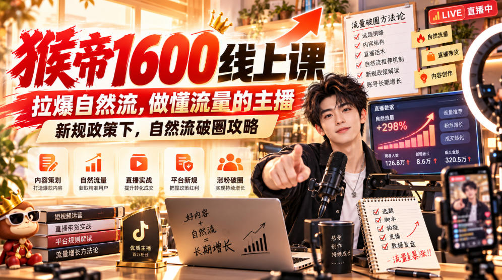 猴帝1600线上课，拉爆自然流，做懂流量的主播，新规政策下，自然流破圈攻略【更新261002】-985网创