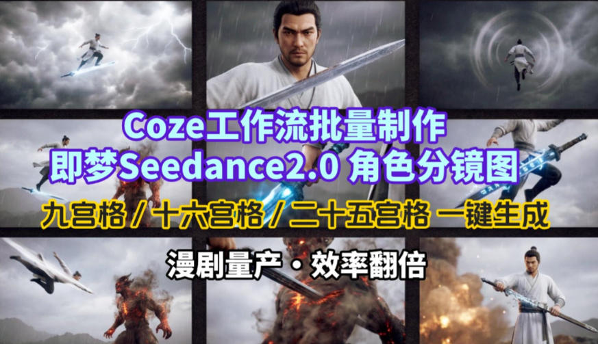 Coze工作流批量制作即梦Seedance2.0角色分镜图，九宫格-十六宫格-二十五宫格一键生成，漫剧量产，效率翻倍-985网创
