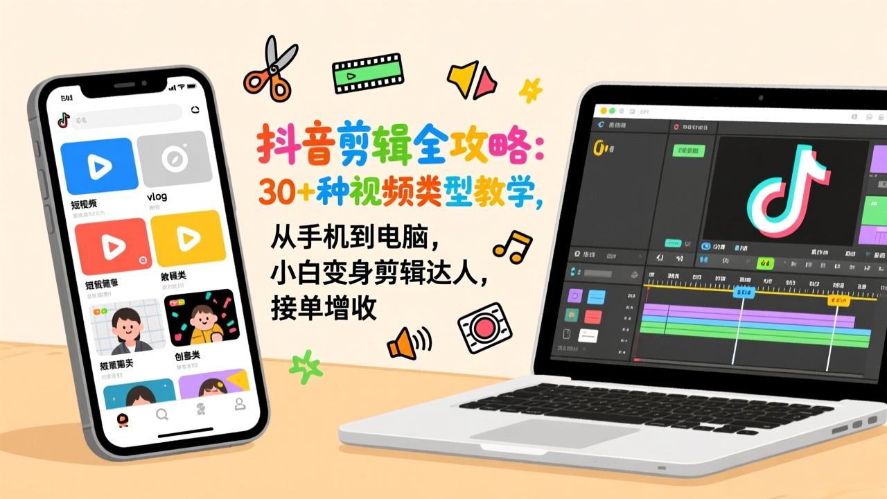 抖音剪辑全攻略：30+种视频类型教学，从手机到电脑，小白变身剪辑达人，接单增收-985网创