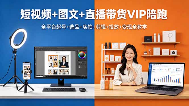 短视频+图文+直播带货VIP陪跑，全平台起号+选品+实拍+剪辑+投放+变现全教学-985网创