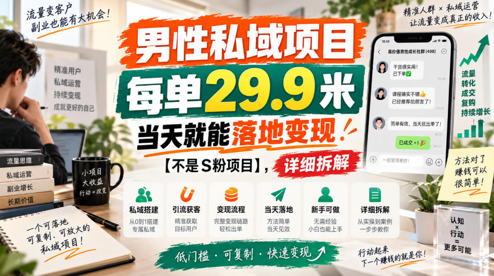 男性私域项目，每单29.9米，当天就能落地变现【不是S粉项目】，详细拆解-985网创