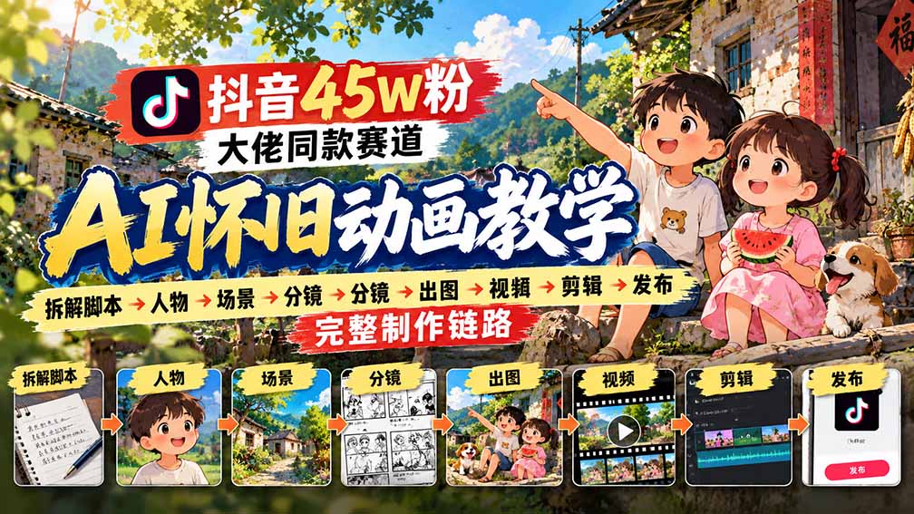 抖音45W粉大佬同款赛道AI怀旧动画教学：拆解脚本→人物→场景→分镜→出图→视频→剪辑→发布完整制作链路-985网创