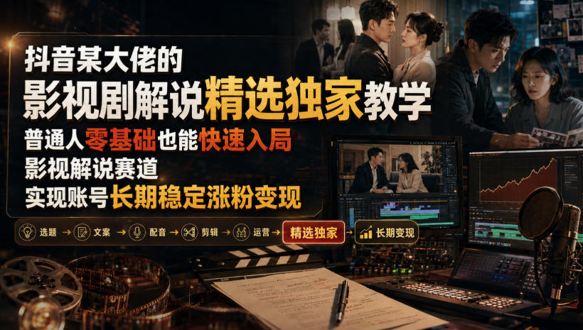 抖音某大佬的影视剧解说精选独家教学，普通人零基础也能快速入局影视解说赛道，实现账号长期稳定变现-985网创