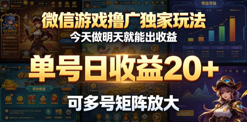 微信游戏撸广独家玩法，今天做明天就能出收益，单号日收益20+，可多号矩阵放大-985网创