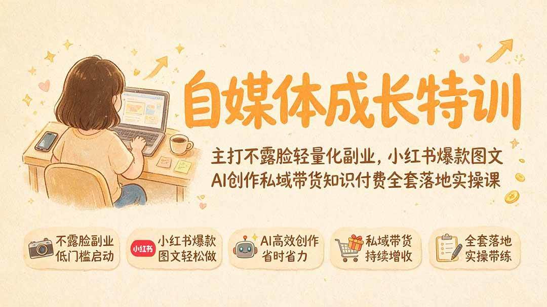 （19584期）自媒体成长特训｜主打不露脸轻量化副业，小红书爆款图文AI创作私域带货知识付费全套落地实操课-985网创