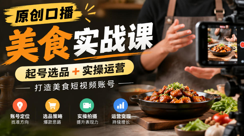 原创口播美食实战课，起号选品+实操运营，打造美食短视频账号-985网创