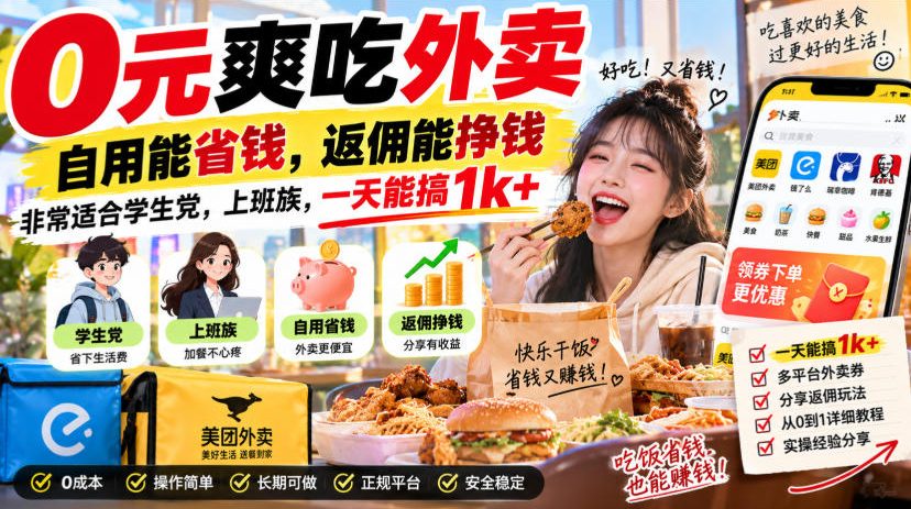 0元爽吃外卖，自用能省钱，返佣能挣钱，非常适合学生党，上班族，一天能搞1k+-985网创