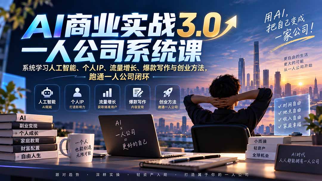 AI商业实战3.0一人公司系统课：系统学习人工智能、个人IP、流量增长、爆款写作与创业方法，跑通一人公司闭环-985网创