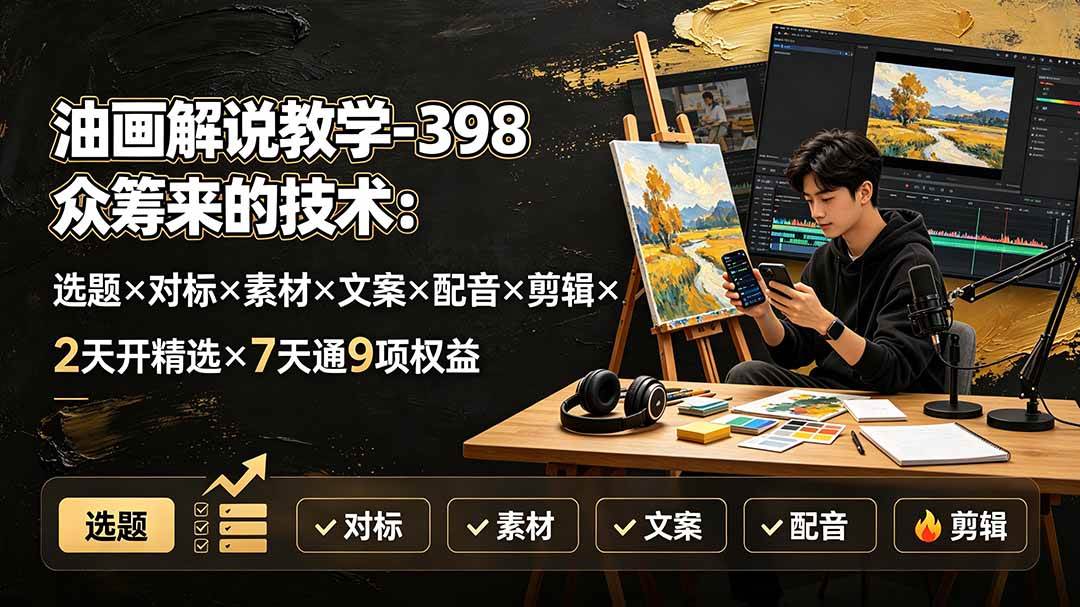 （19587期）油画解说教学-398众筹来的技术-刯新：选题×对标×素材×文案×配音×剪辑×2天开精选×7天通9项权益-985网创