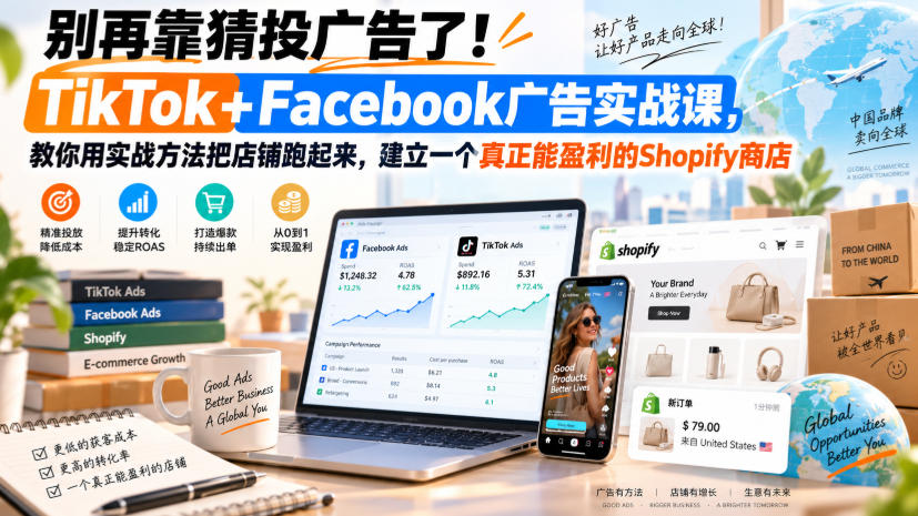 别再靠猜投广告了！TikTok+Facebook广告实战课，教你用实战方法把店铺跑起来，建立一个真正能盈利的Shopify商店【原创双语字幕】-985网创