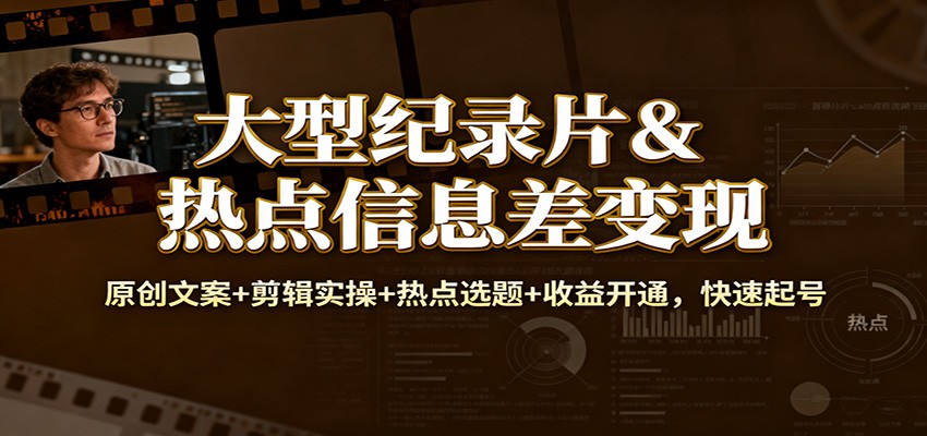 大型纪录片&热点信息差变现：原创文案+剪辑实操+热点选题+收益开通，快速起号-985网创