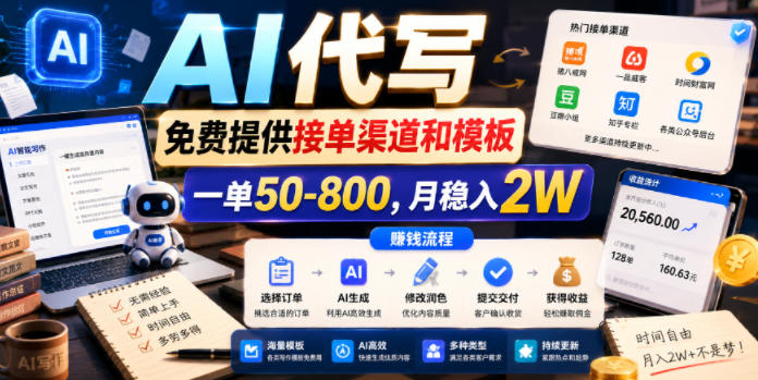 AI代写，免费提供接单渠道和模板，一单50-800，月稳入2W【揭秘】-985网创
