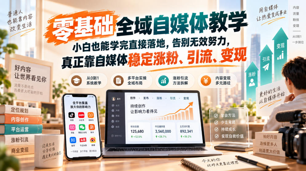 零基础全域自媒体教学，小白也能学完直接落地，告别无效努力，真正靠自媒体稳定涨粉、引流、变现-985网创