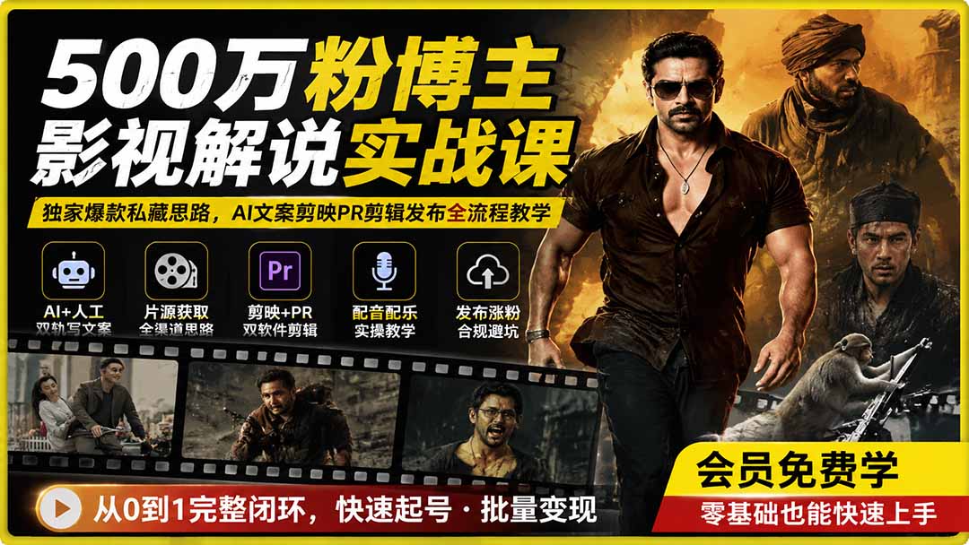 500万粉博主影视解说实战课｜独家爆款私藏思路，AI文案剪映PR剪辑发布全流程教学-985网创