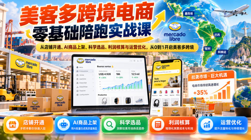 美客多跨境电商零基础陪跑实战课：从店铺开通、AI商品上架、科学选品、利润核算与运营优化，从0到1开启美客多跨境-985网创