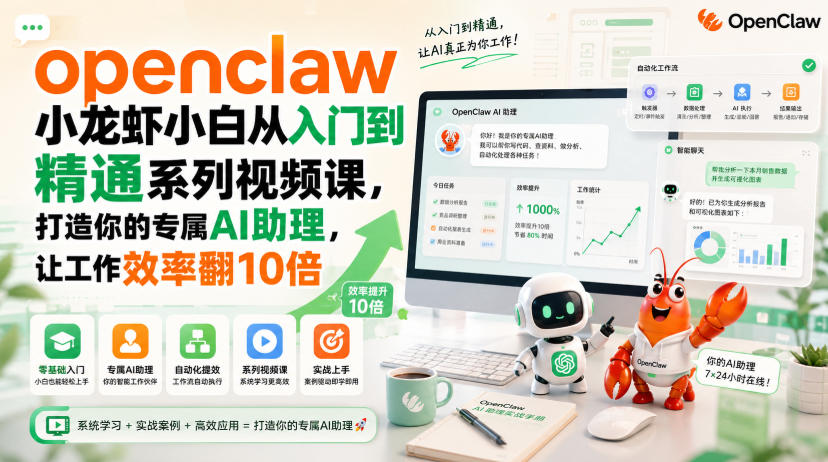 openclaw小龙虾小白从入门到精通系列视频课，打造你的专属AI助理，让工作效率翻10倍-985网创