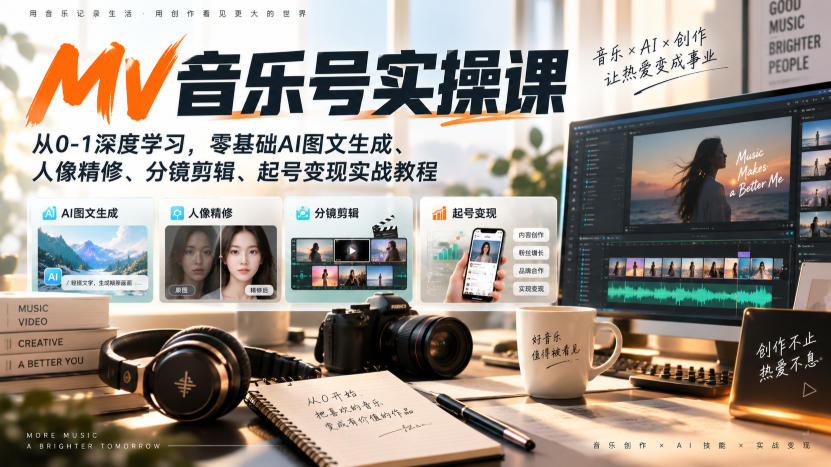 AI MV音乐号实操课，从0-1深度学习，零基础AI图文生成、人像精修、分镜剪辑、起号变现实战教程-985网创