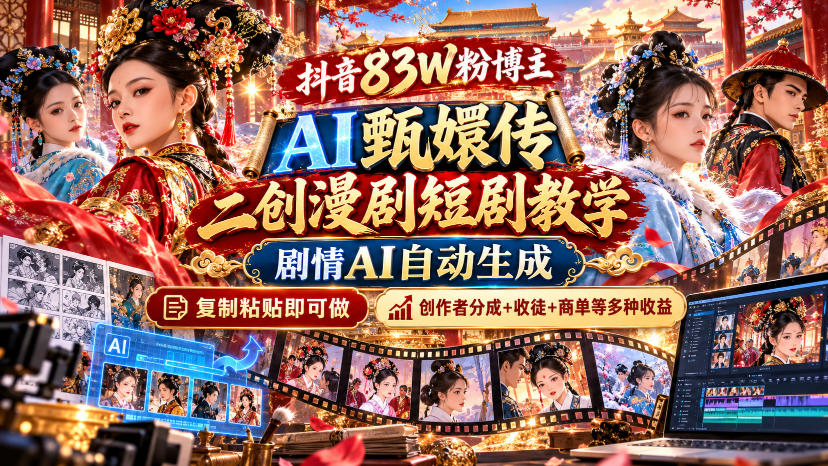 抖音83W粉博主AI甄嬛传二创漫剧短剧教学｜剧情AI自动生成，复制粘贴即可做，各大平台创作者分成+收徒等多种收益-985网创
