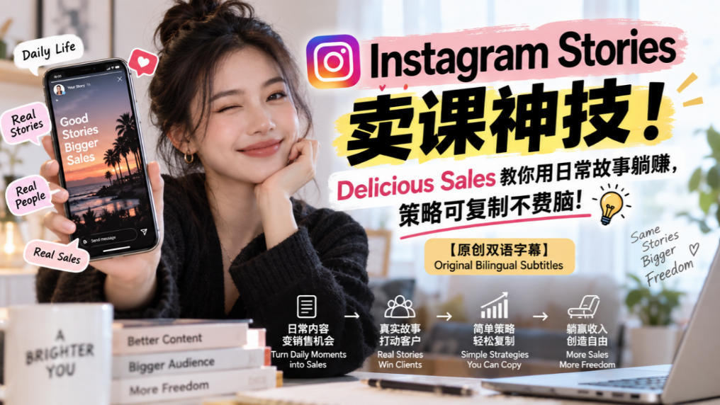 Instagram Stories卖课神技！Delicious Sales教你用日常故事躺賺，策略可复制不费脑！【原创双语字幕】-985网创