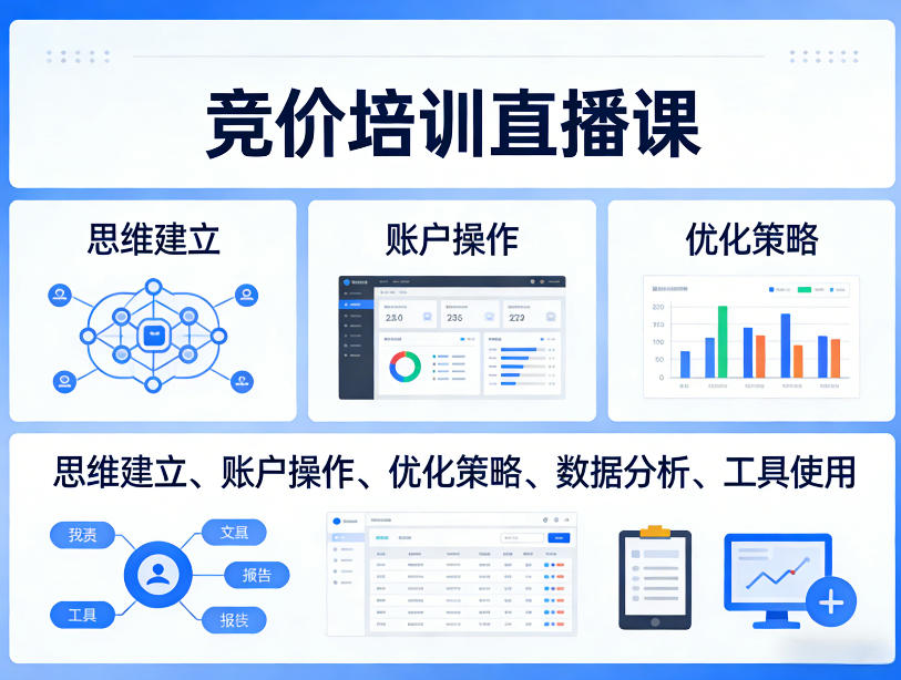 竞价培训直播课，覆盖思维建立、账户操作、优化策略、数据分析、工具使用等，全方位提升效果-985网创