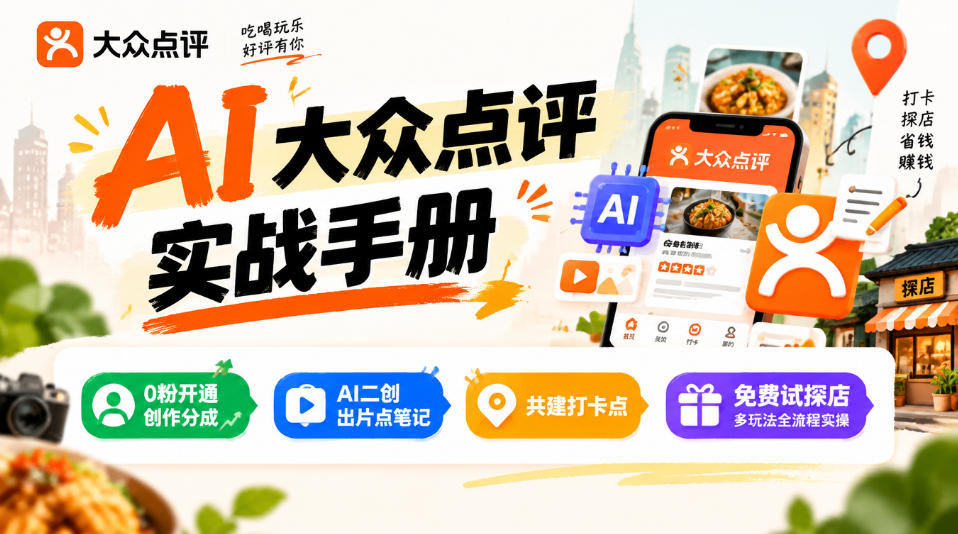 某局的AI大众点评实战手册，0粉开通创作分成、AI二创出片点笔记、共建打卡点、免费试探店多玩法全流程实操-985网创