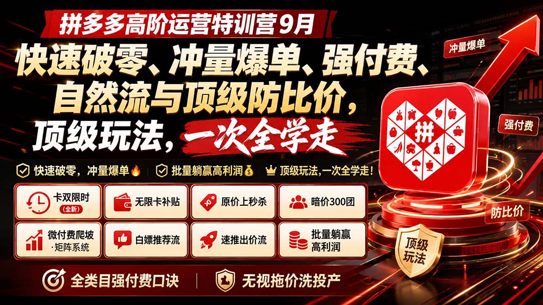 拼多多高阶运营特训营9月：快速破零、冲量爆单、强付费、自然流与顶级防比价， 顶级玩法，一次全学走-985网创