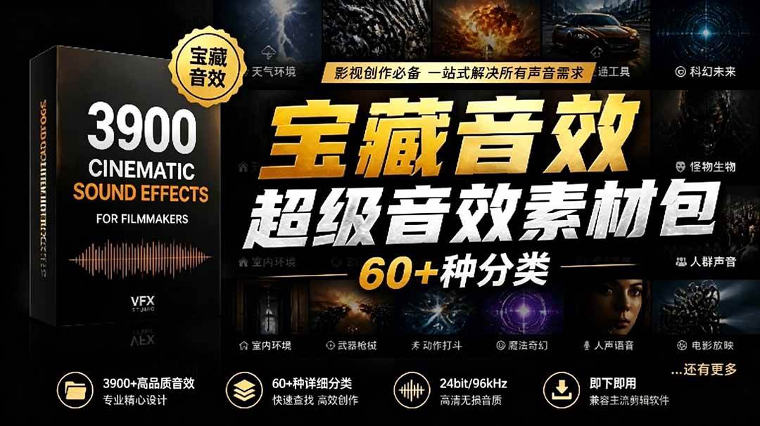 （18660期）宝藏音效合集包！60+多种音效分类，共计3900个，分类清晰，全中文分类，高品质剪辑音效素材包-985网创