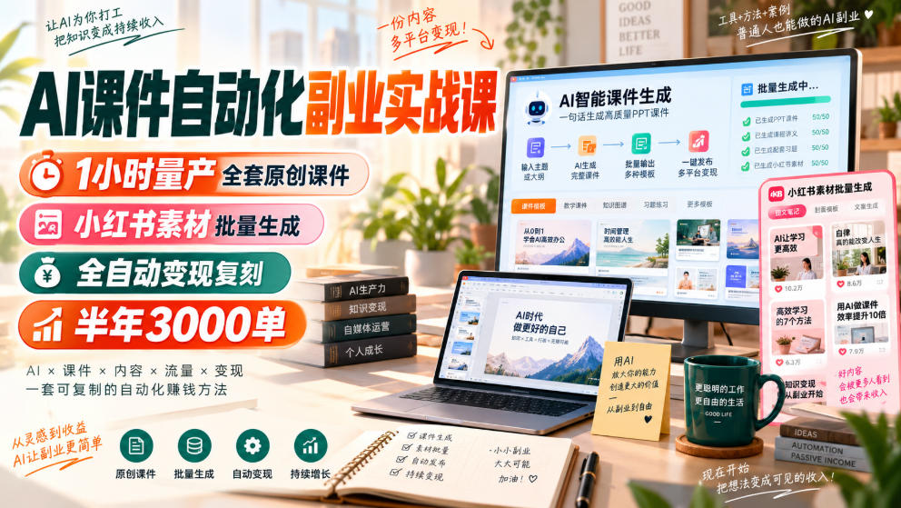 AI课件自动化副业实战课，1小时量产全套原创课件，小红书素材批量生成，全自动变现复刻，半年3000单-985网创