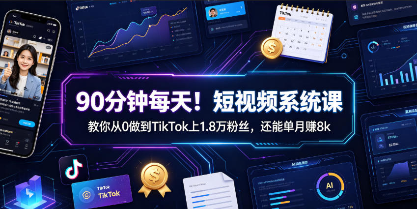 90分钟每天！短视频系统课教你从0做到TikTok上1.8万粉丝，还能单月賺8k【原创双语字幕】-985网创