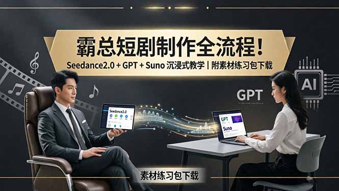 霸总短剧制作全流程！Seedance2.0 + GPT + Suno 沉浸式教学｜附素材练习包下载-985网创