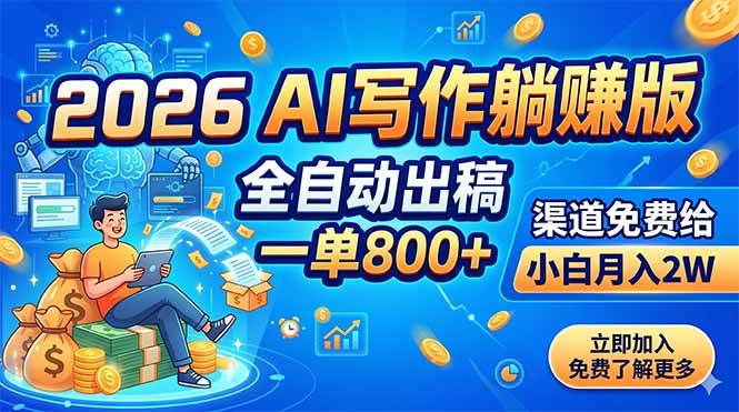 （18885期）2026 AI写作躺赚版：全自动出稿，一单800+，渠道免费给，小白月入2W-985网创