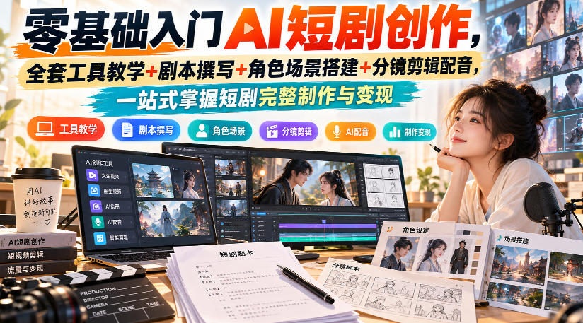 零基础入门AI短剧创作，全套工具教学+剧本撰写+角色场景搭建+分镜剪辑配音，一站式掌握短剧完整制作与变现-985网创