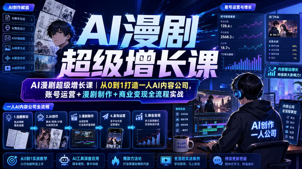 AI漫剧超级增长课｜从0到1打造一人AI内容公司，账号运营+漫剧制作+商业变现全流程实战-985网创